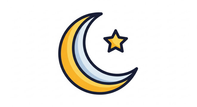 Crescent moon and star icon in yellow blue and black on white background for design and decoration
