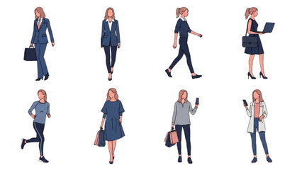 Obraz premium Collection of diverse business professionals walking in different poses and attire on a white background from various viewpoints