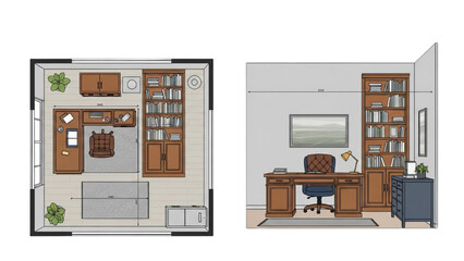 Office layout and 3D view featuring furniture, desk, and bookshelves in a modern setting © Icon Master PNG