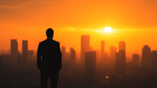 Silhouette of a business professional against a stunning sunset over a city skyline, symbolizing ambition and opportunity.