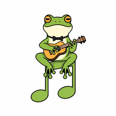 Obraz premium Cartoon frog wearing a bow tie playing an acoustic guitar on a chair with a plain white background.