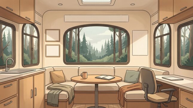 Cozy interior view of camper van with forest view through windows. Modern RV caravan design with sofa, table and kitchen for travel and camping illustration.