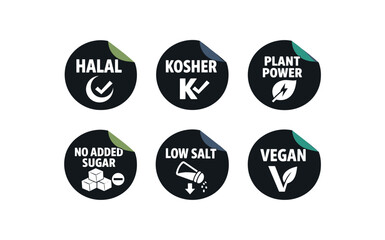 Obraz premium Flat vector sticker peel badge /navy/teal simple white badge texts and : HALAL crescent checkmark KOSHER K checkmark PLANT POWER leaf lightning bolt NO ADDED SUGAR sugar cube minus LOW SALT