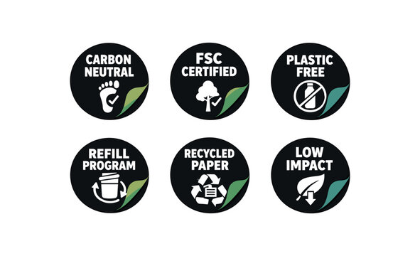 Flat vector sticker peel badge /olive/teal simple white badge texts and : CARBON NEUTRAL footprint with checkmark FSC CERTIFIED tree with checkmark PLASTIC FREE bottle with slash REFILL