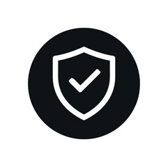Flat vector icon only micro badge small solid black circle containing single simple white pictogram shield with checkmark