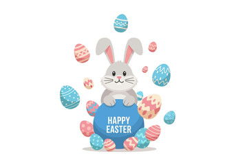 Joyful rabbit character presents a 'Happy Easter' message, surrounded by vibrant decorated eggs, a festive flat illustration.