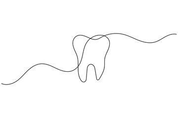 Obraz premium Tooth continuous one line art drawing a minimal dental medical symbol icon.