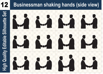 Silhouette set of businessmen shaking hands in side view, representing professional deals, corporate partnerships, successful agreements, and trust.
