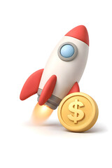 3D Rocket with Dollar Coin Icon on a White Background