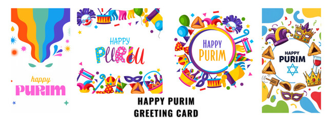 Festive Happy Purim greeting cards featuring colorful decorations and traditional symbols for Jewish holiday celebrations.