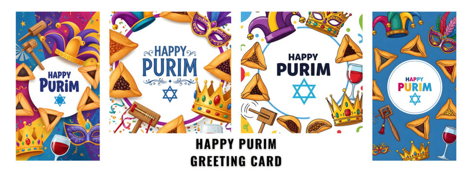 Festive Happy Purim Celebration with Hamantaschen, Crowns, Masks, and Graggers on Colorful Backgrounds