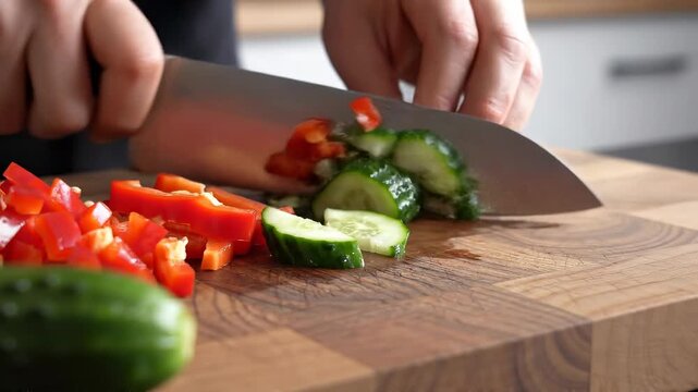 A professional chef is carefully chopping fresh green cucumber slices with a sharp knife on a rustic wooden cutting board. Vibrant red bell pepper pieces are already prepared on the board, showcasing
