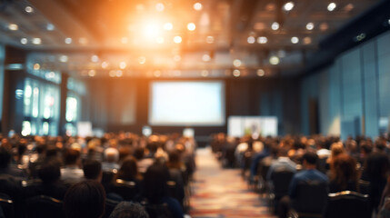 A large audience sits in a conference room with a bright projector screen in front of them