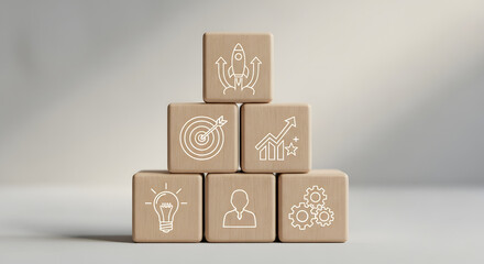 Fototapeta premium Startup strategy illustrated with wooden blocks: A conceptual image illustrating startup strategy.