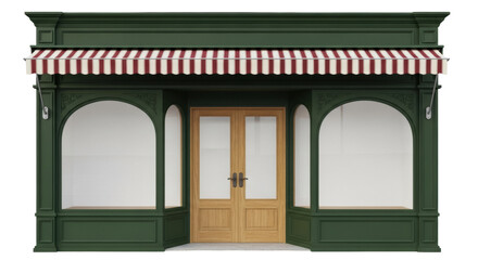 Green storefront with striped awning isolated PNG, shop facade with wooden door on transparent background, architectural element for design