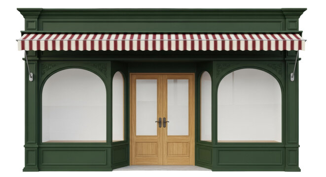 Green storefront with striped awning isolated PNG, shop facade with wooden door on transparent background, architectural element for design