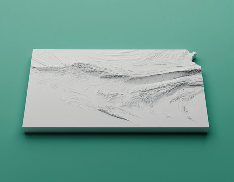 3D Topographic Map of Kansas Featuring Extremely Flat Plains and Gentle Slopes