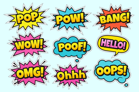 Comic Pop Art Speech Bubble Sticker Set with Expressive Onomatopoeia and Sound Effects