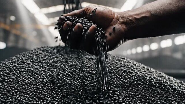 Close-up of hand sifting dark pellets in industrial setting