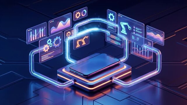 Futuristic smartphone data analytics automation artificial intelligence cloud connection neon hologram interface digital visualization mobile technology cyber network glow app screen device