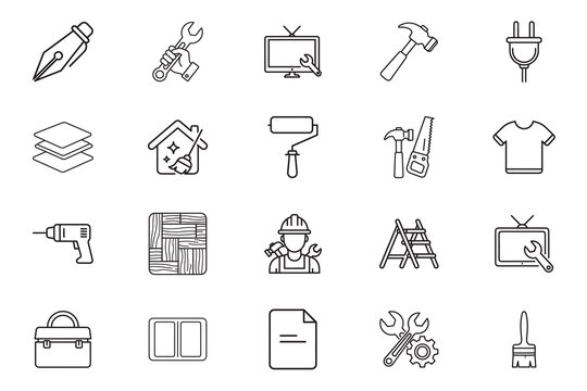 Handyman web icons line art Icon Set. Hammer, saw, floor cleaning, step ladder, TV maintenance, electric drill, cleaning house collection. Vector illustration