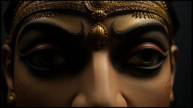 Extreme Close Up Video Portrait of Lord Hanuman Eyes Staring Intensely Frontal View with Golden Headpiece and Dramatic Lighting
