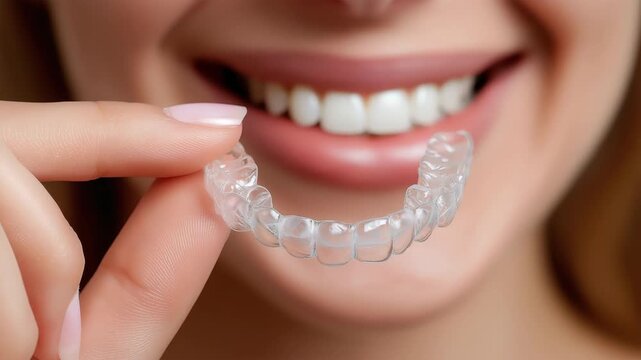Adaptive smile transformation: woman demonstrates clear aligners for dental correction