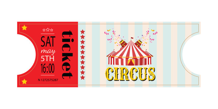 Colorful circus admit one ticket template featuring bold red panel