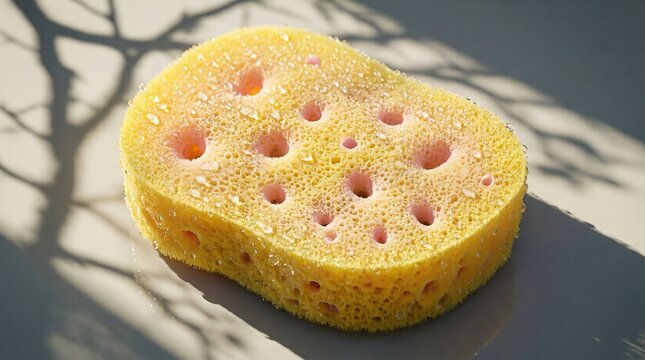 Yellow cellulose sponge texture with water drops and tree shadow