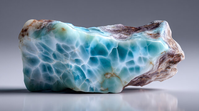 A raw piece of larimar stone with a unique blue and white pattern on display