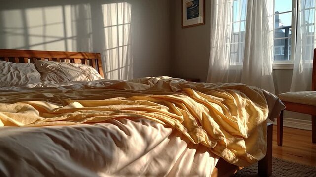 Serene Morning Bedroom: Sunlit bedroom with a wooden bed, a rumpled yellow blanket, and sunlight streaming through the windows, casting shadows. 