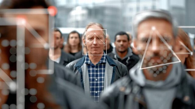 Surveillance and Societal Gaze: A scene depicts the concept of modern facial recognition technology and the scrutiny within contemporary societal environments. 