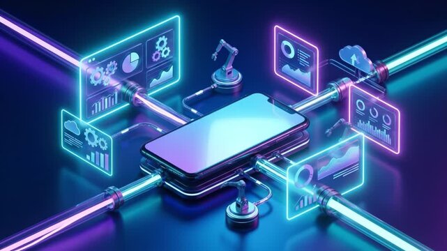 Futuristic smartphone neon technology data automation digital hologram cyber network glow data visualization screen hologram interface cloud network cyber security mobile app user interface data