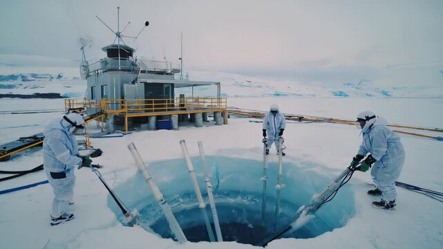 Scientists in Protective Suits Examining Ice Core Sample Extracted from Antarctic Glacier for Climate Research.