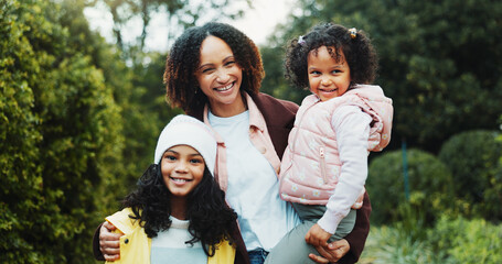 Travel, portrait and mother with children in nature for adventure, getaway and bonding. Support,...