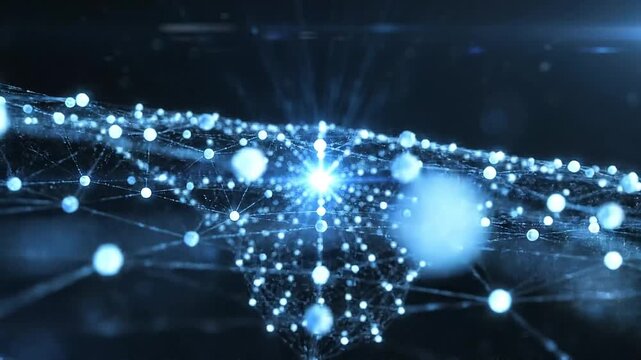 Abstract interconnected glowing nodes and lines forming a futuristic network in dark blue space
