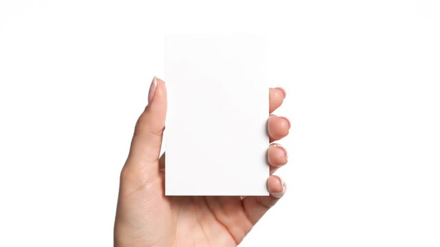 Hand holding a blank white rectangular card vertically against a plain white background, symbolizing mockup design, presentation template, and creative space for adding text, graphics