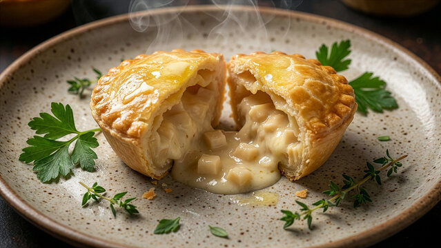 Empada de Palmito, Chicken Pot Pie Cut Open with Creamy Filling Oozing Out Steam Rising on Rustic Plate