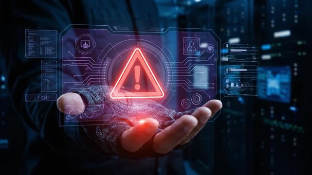 Cyber security data protection warning symbol digital alert hacker hand over server room technology network firewall dark background cyber attack crime malware phishing breach danger risk alert