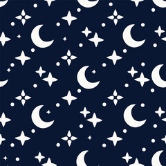 Celestial night sky background featuring white moon and star shapes on dark blue for textile prints and surface design. 