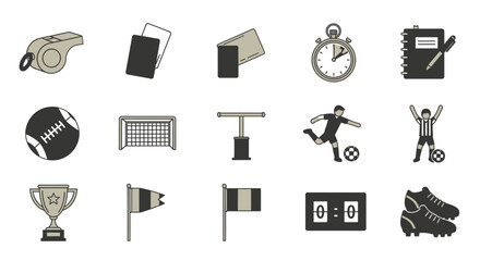 Set of flat design soccer and football game icons including ball, goal, whistle, and score board in bright studio. © AHMAD KHOIRI