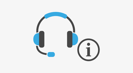 Blue Headphones Headset with Information Symbol in Bright Studio Background.