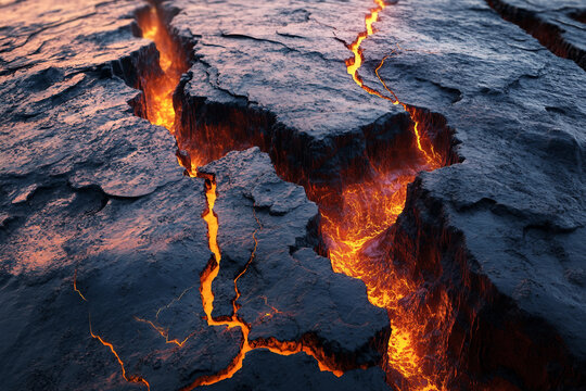 Glowing volcanic cracks and dark rock surface showing dramatic geological faults, generative ai