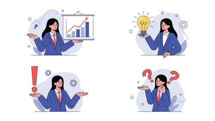 Fototapeta premium Professional businesswoman demonstrating business concepts through various gestures, illustrating data analysis, new ideas, important solutions, and complex problems.