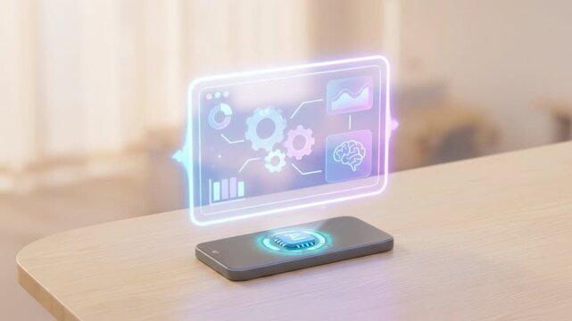 Futuristic smartphone hologram interface technology glow digital icon data chart projection over wooden desk with 3d data screen display floating augmented reality concept artificial intelligence