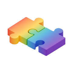 Rainbow gradient puzzle pieces connected together, isolated 3D render on transparent, teamwork collaboration concept design
