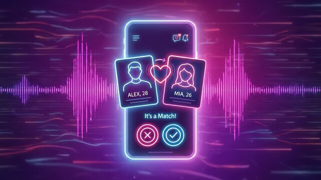 Neon dating app online match mobile interface love connection virtual couple glowing heart sound wave futuristic design swipe choice digital romance user profile chat message match notification heart