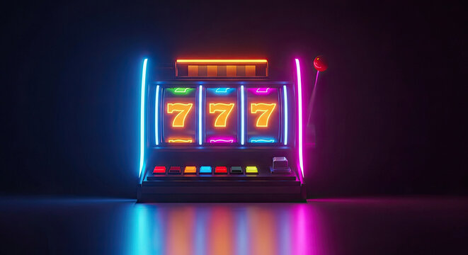 Vibrant neon illuminated slot machine display with lucky sevens in a dark casino environment viewed from the front