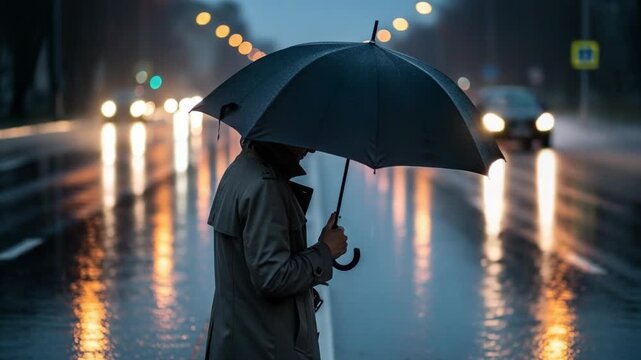 A person with a black umbrella stands on a wet road at night, cars in background