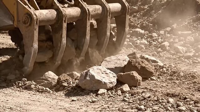 Heavy Duty Excavator Bucket with Ripper Teeth Raking Through Rocky Soil on a Construction Site or Quarry